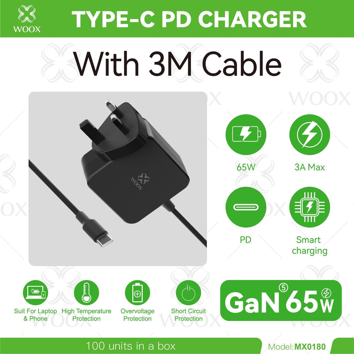 65W USB-C PD Charger UK | WOOX GaN Fast Charger with 3M Cable | only £18.99 | Cheapest Vape Shop in Uk