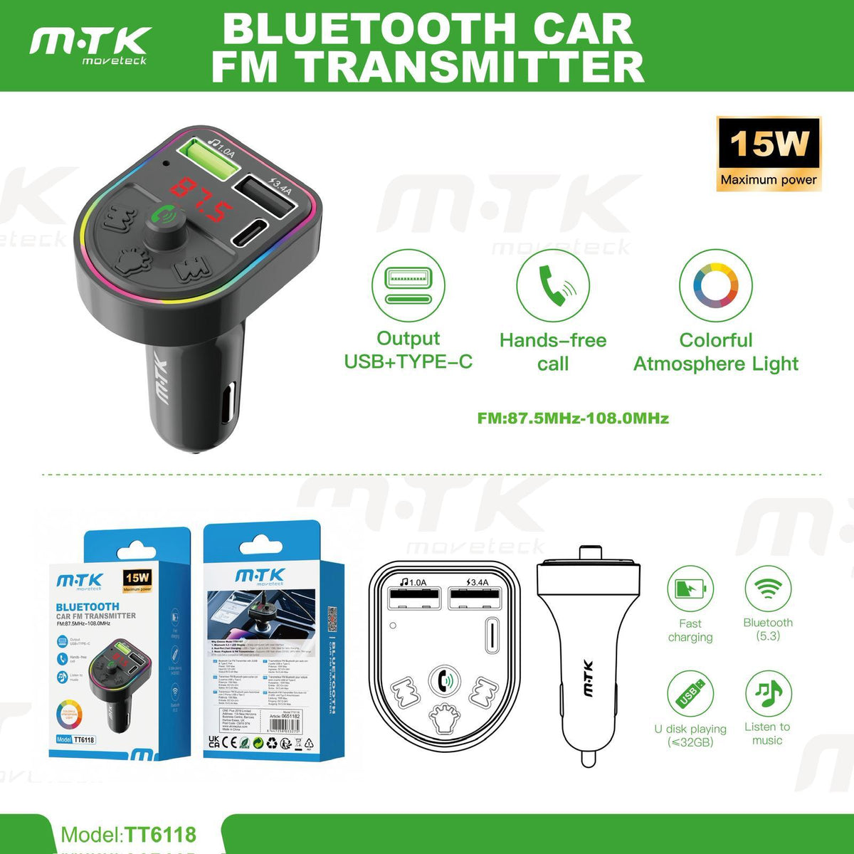 Bluetooth Car FM Transmitter UK | USB + Type-C Fast Charger 15W Hands-Free Kit TT6118 | only £10.99 | Cheapest Vape Shop in Uk