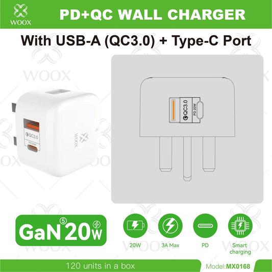 WOOX 20W PD + QC3.0 Charger UK | USB-C + USB-A Fast Charging Plug MX0168 | only £9.99 | Cheapest Vape Shop in Uk