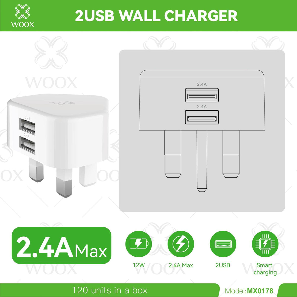 WOOX Dual USB Wall Charger 2.4A Fast Charging Plug UK | 2 Port USB Power Adapter MX0178 | only £8.99 | Cheapest Vape Shop in Uk