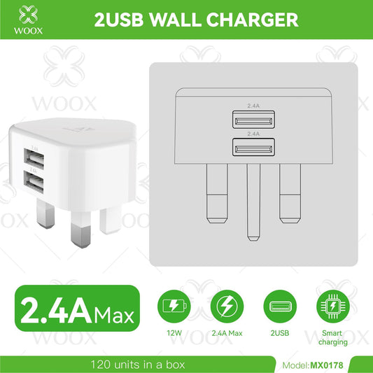 WOOX Dual USB Wall Charger 2.4A Fast Charging Plug UK | 2 Port USB Power Adapter MX0178 | only £8.99 | Cheapest Vape Shop in Uk