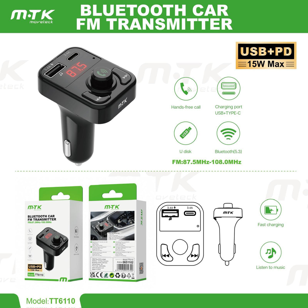 Bluetooth Car FM Transmitter UK | USB + PD Fast Charger 15W Hands-Free Kit | only £12.99 | Cheapest Vape Shop in Uk