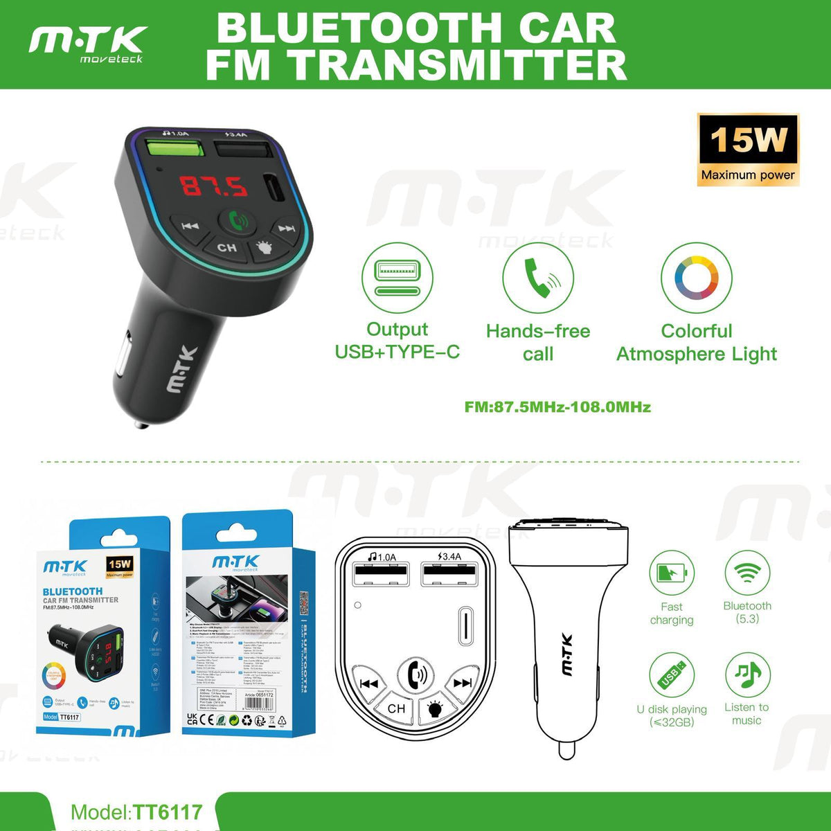 Bluetooth Car FM Transmitter UK | USB + Type-C Fast Charger 15W Hands-Free Kit | only £10.99 | Cheapest Vape Shop in Uk
